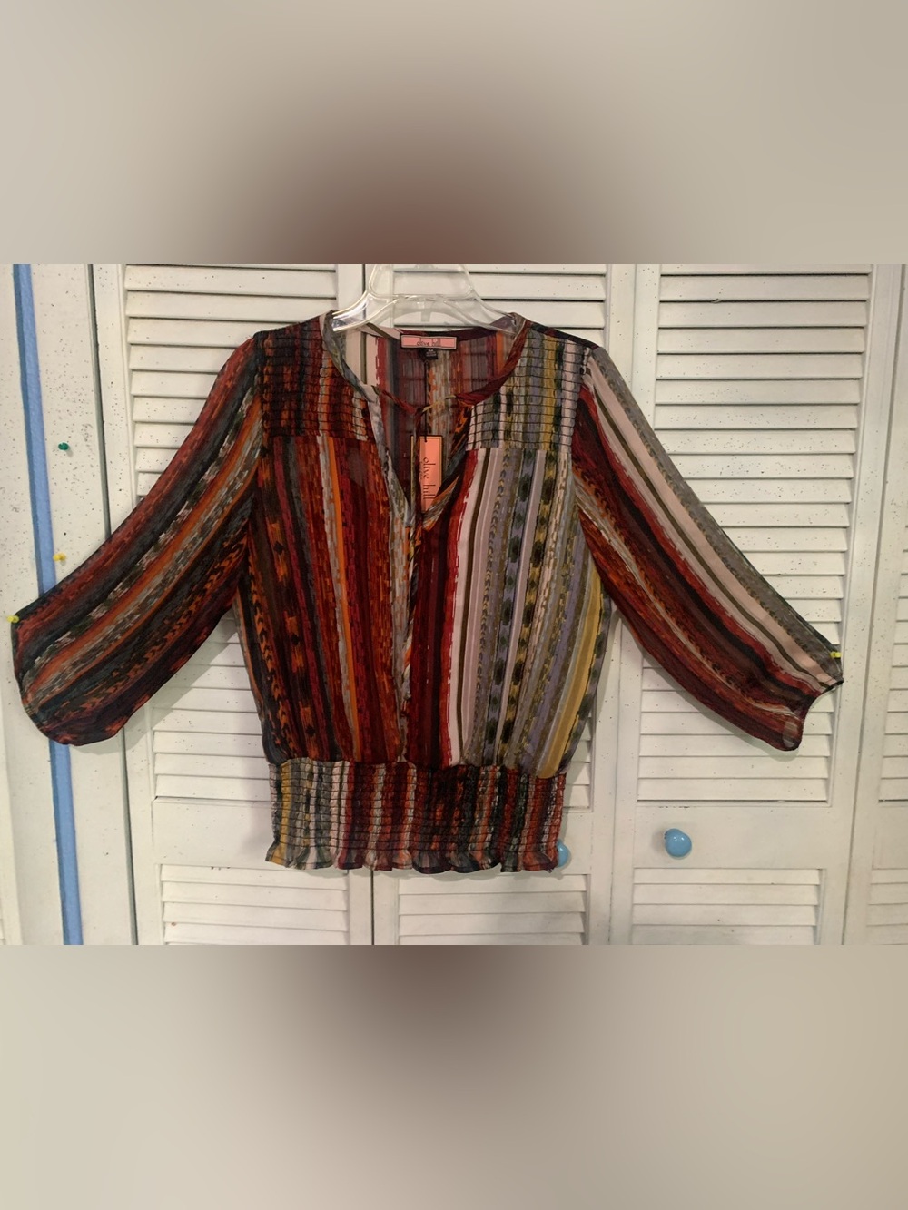 Olive Hill Striped Smocked Waist Sheer Tie Front Top With Built In Tank Boho